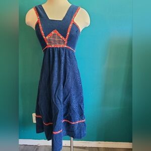 size small/ womens Vintage 70s navy corduroy midi dress pinafore prairie dress